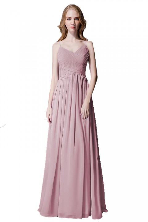 Spaghetti Straps Pleated Chiffon Bridesmaid Dress with Lace Open Back