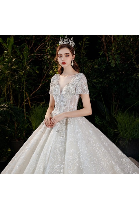 New 2021 Super Luxury Deep V-neck Beaded Sequin Embroidered Fantacy Tulle Wedding Dress With Long Train