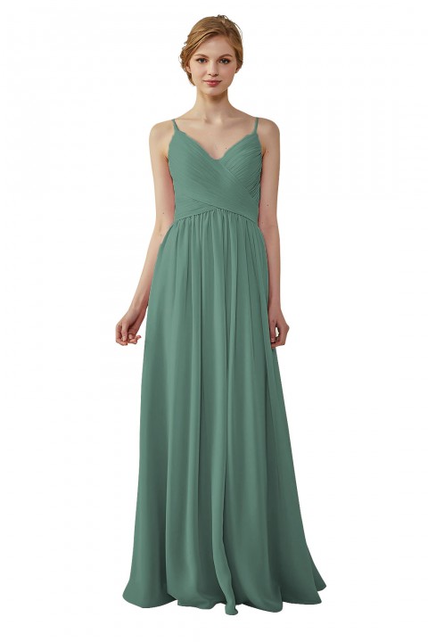 Spaghetti Straps Pleated Low V Back Bridesmaid Dress