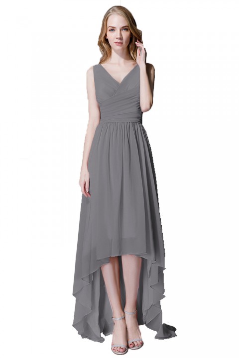 Romantic High-Low V-Neck Chiffon Ruched Bridesmaid Dress