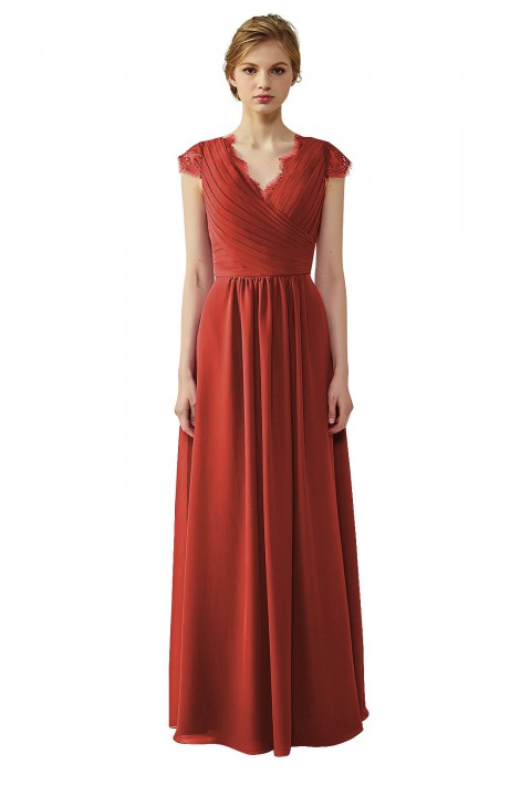 Lace Cap Sleeves  V-Neck Lace Back Closure with Keyhole Bridesmaid Dress