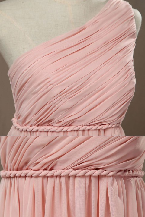 One Shoulder Long Chiffon Pleated Bridesmaid Dress with Twist Belt