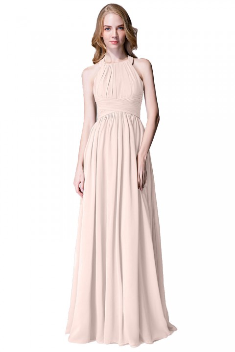 Sophisticated Halter Neckline Keyhole Back Pleated Bridesmaid Dress