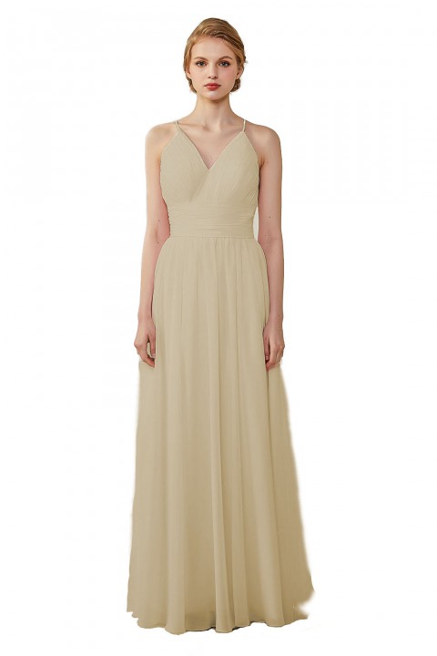 Spaghetti Straps V-Neck Bridesmaid Dress Open Back with Triangle Lace Detail