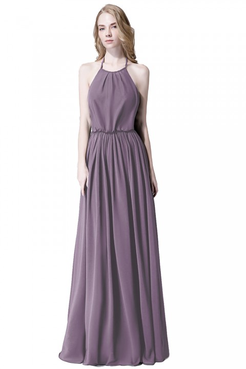 Halter Spaghetti Strap Open Back Chiffon Bridesmaid Dress with Sash