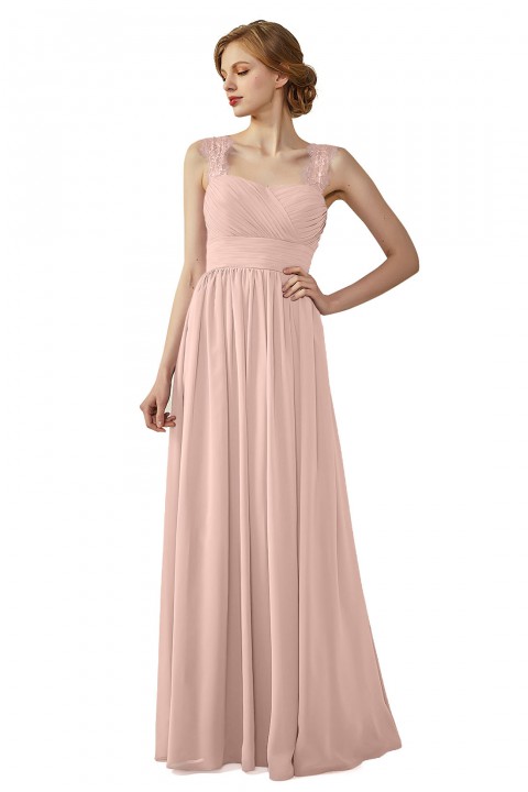 Pleated Long Chiffon Open Back Lace Strap Bridesmaid Dress