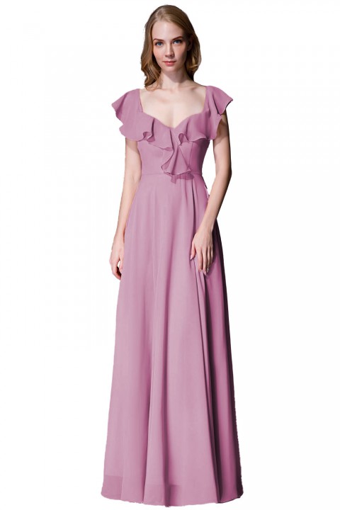 V Neck Cascading Ruffles Sleeve Bow Back Bridesmaid Dress 