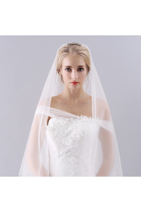 White Hand Sewing Beads Decor Two-Tier Tulle Wedding Bridal Veil With Comb  