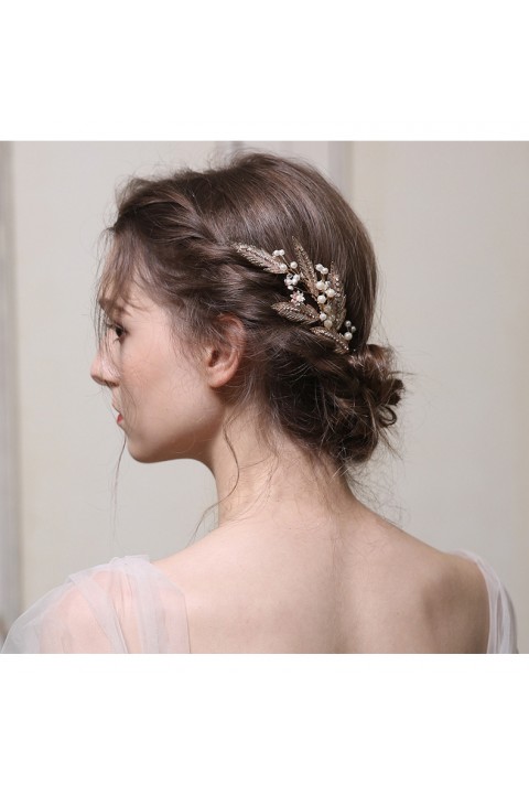 Leaf Shaped Pearl Beaded Wedding Hair Comb