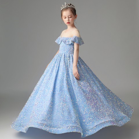 Blue Gorgeous Round Neck With Flounce Decor Sequin Girls Pageant Dress