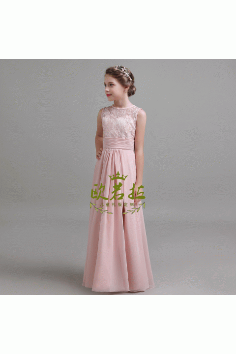 Round Neck Open Fork Design Sleeveless Chiffon Junior Bridesmaid Dresses