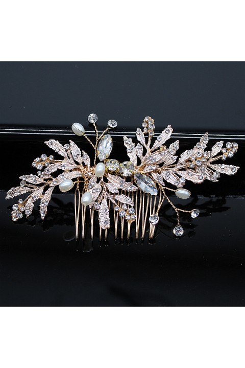 Leaf Shaped Pearl Crystal Hair Comb