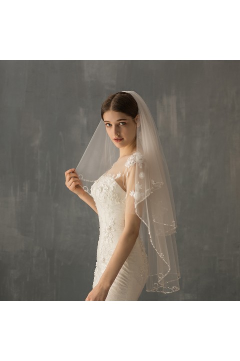 White Two-Tier Beads Decor Soft Tulle Wedding Bridal Veil With Comb