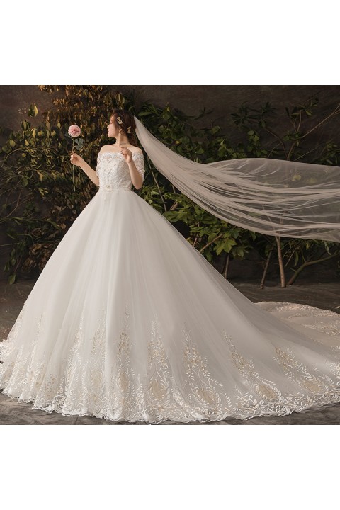 Plus Size 2021 Off Shoulder Short Sleeves Beaded Decor Embroidered Flower Tulle Wedding Dress With Long Train