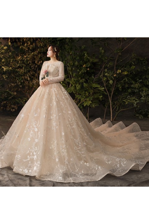 Plus Size 2021 Round Neck Long Sleeves Deep V Decor Sequined Flower Tulle Wedding Dress With Long Train