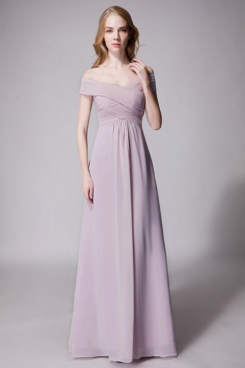 Crisscross Off-the-Shoulder Pleated V-back Bridesmaid Dress Long