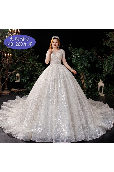 Plus Size 2021 Deep V-neck Short Sleeves Beaded Sequin Tulle Wedding Dress With Long Train