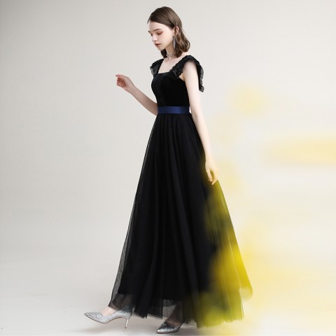 Black Strapless Square-cut Collar Corset Tulle Skirt Velvet Party Dress