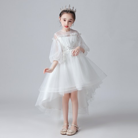 White Cap Sleeves Princess Tulle Skirt Flower Girl Dresses With Short Front And Long Back