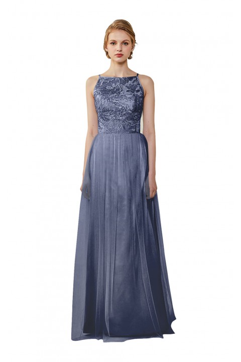 Tulle Lace Illusion Boatneck and Back Bridesmaid Dress with Keyhole 