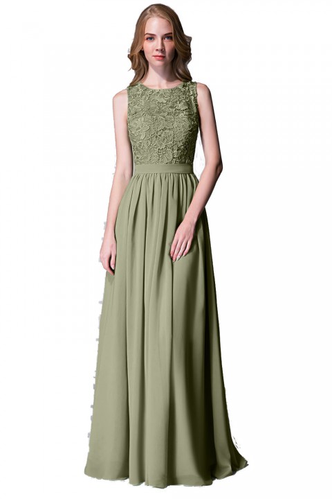 Lace Upper Bodice Illusion Scoop Neck Chiffon Bridesmaid Dress Sleeveless