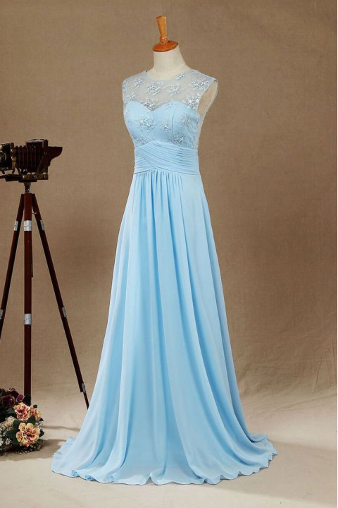 Lace Illusion Back Scoop Criss-Pleated Waist Bridesmaid Dress Long