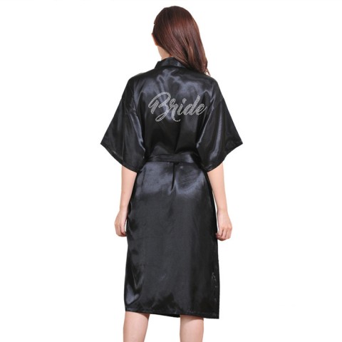 Hot Drilling Tied Waist Silk Bride Robe with Pockets