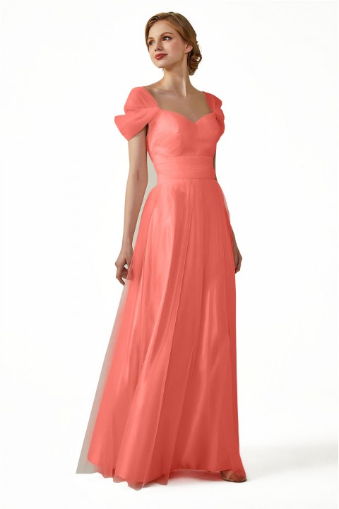 Sweetheart Neckline Cold Shoulder Long V back Tulle Bridesmaid Dress