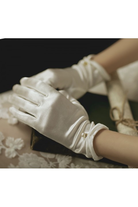 White Pearl Decor Thin Tulle&Satin Wedding Bridal Gloves