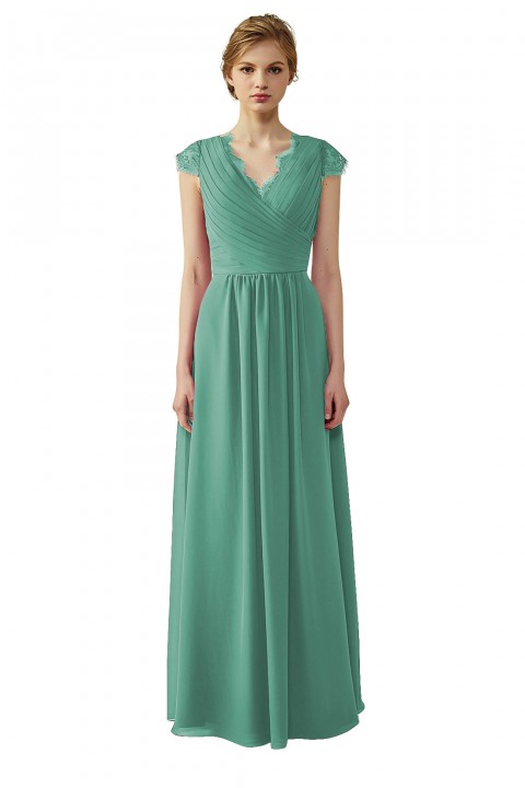 Lace Cap Sleeves  V-Neck Lace Back Closure with Keyhole Bridesmaid Dress