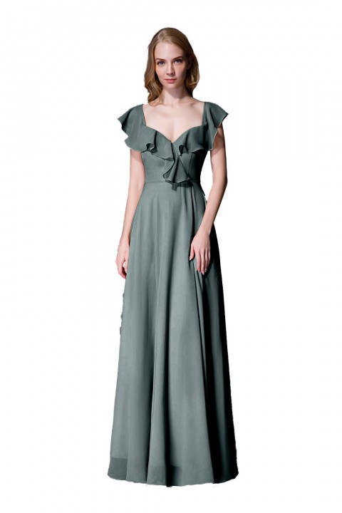 V Neck Cascading Ruffles Sleeve Bow Back Bridesmaid Dress 