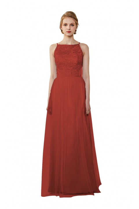 Tulle Lace Illusion Boatneck and Back Bridesmaid Dress with Keyhole 