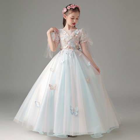 Pink & Blue Fantasy V Neck Short Sleeves With Bowknot   Decor Embroidered 3D Butterfly Tulle Skirt Girls Pageant Dress