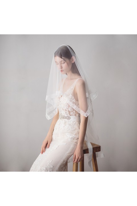 White Lacework Two-Tier Long Soft Tulle Wedding Bridal Veil With Comb