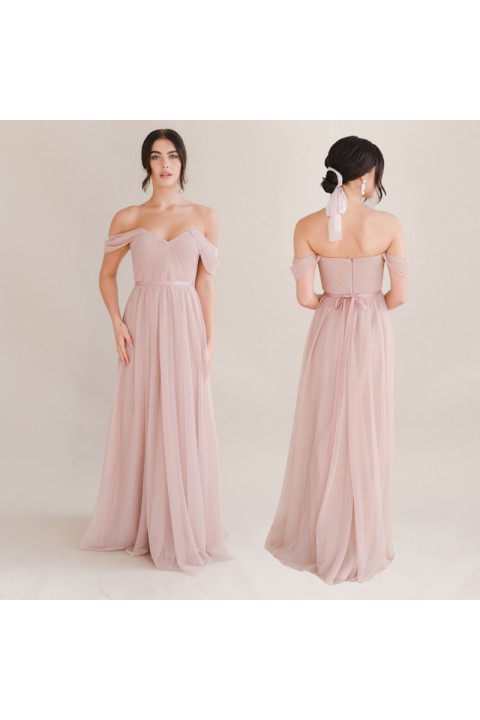 Pink Off Shoulder Sweetheart Neck High Waist Chiffon Bridesmaid Dress