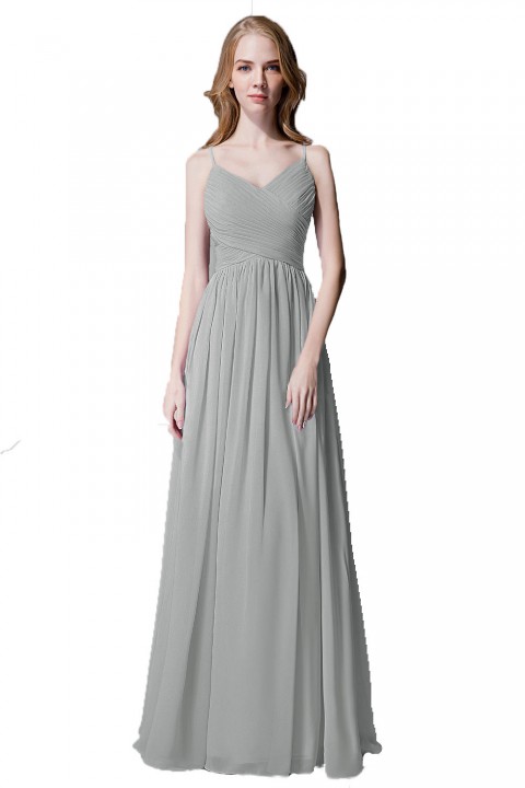 Spaghetti Straps Pleated Chiffon Bridesmaid Dress with Lace Open Back