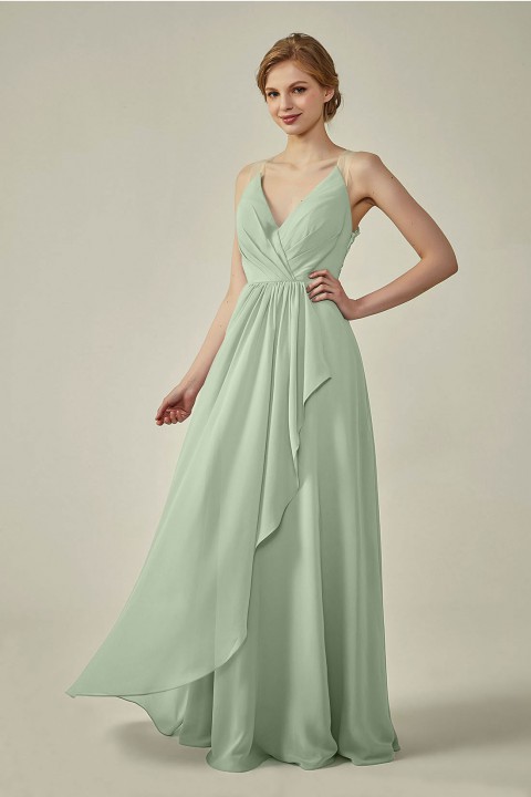 Lace Illusion Back Clousre Tulle Strap V-Neck Bridesmaid Dress with Ruffle