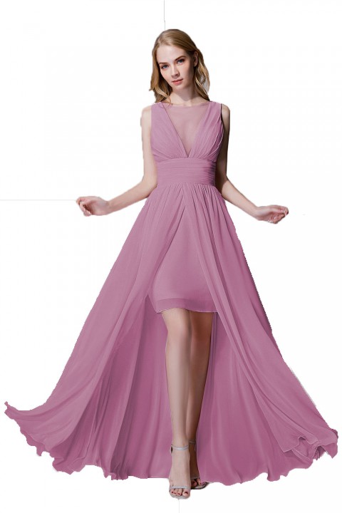 Plunging Illusion Tulle Scoop Neck High Slit Chiffon Bridesmaid Dress