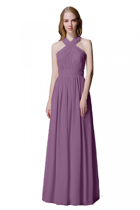 Criss-cross Halter Pleated Chiffon Bridesmaid Dress with Cross-straps Back