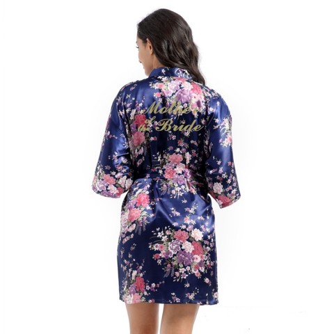 Floral Slogan Printed Tied Waist Silk Mother of the Bride Robe