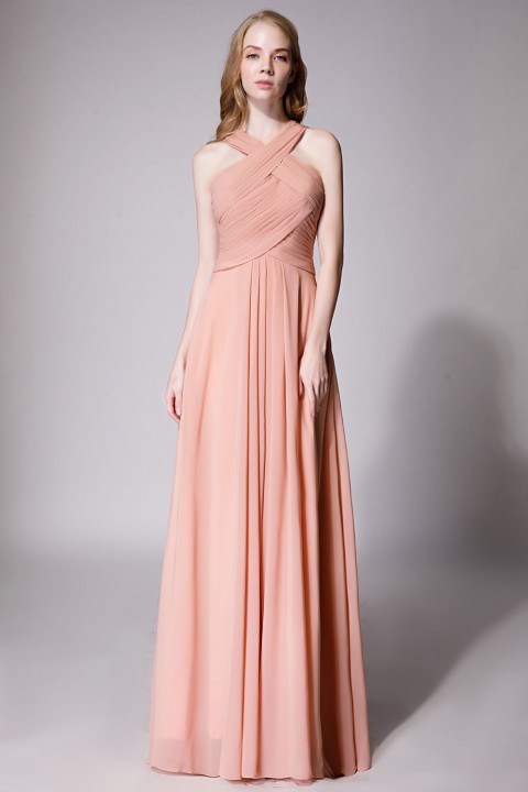 Chic Criss-cross Halter Pleated Chiffon Bridesmaid Dress Long