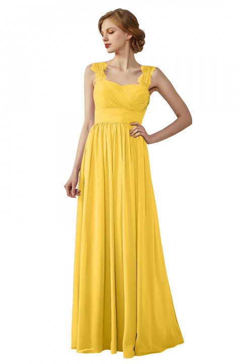 Pleated Long Chiffon Open Back Lace Strap Bridesmaid Dress