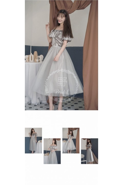 Silver Off Shoulder Flounce High Waist Luxe Satin Bridesmaid Dress