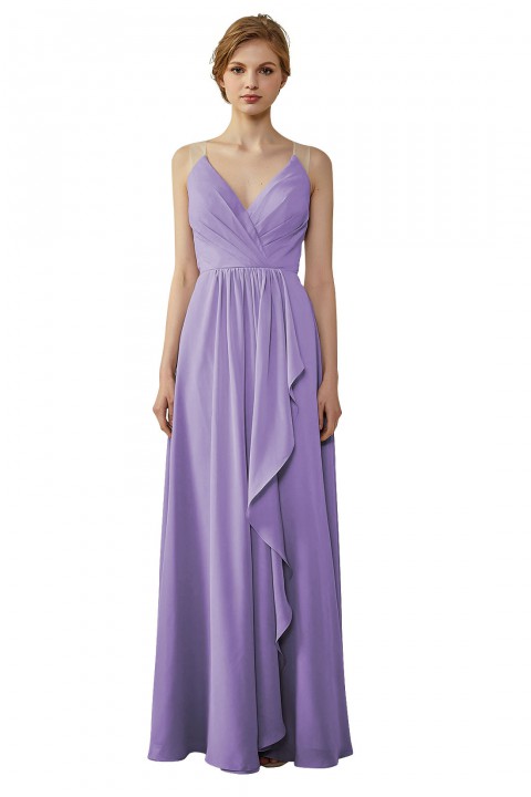 Lace Illusion Back Clousre Tulle Strap V-Neck Bridesmaid Dress with Ruffle