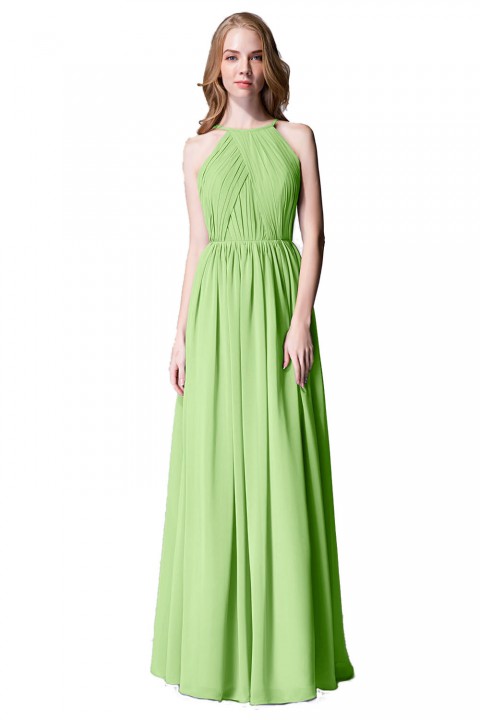 Pleated A-Line Halter Spaghetti-Straps Back Chiffon Bridesmaid Dress