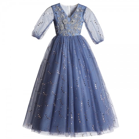 Long Sleeves V-neck Embroidery Decor Sequined Tulle Skirt Girls Pagent Dresses
