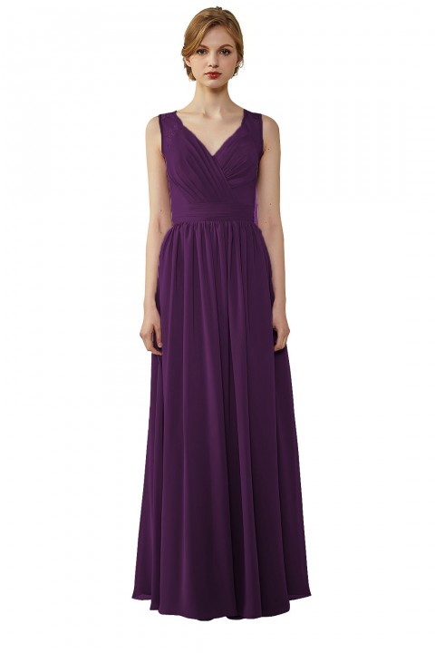 Lace Illusion Back Closure with Button Ruched V-Neck Bridesmaid Dress 