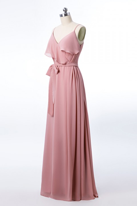 Spaghetti Straps Scoop Back Ruffled Chiffon Bridesmaid Dress with Sash