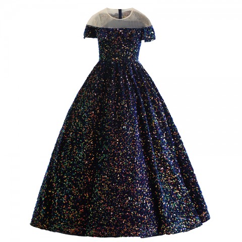 Navy Blue Gorgeous Round Neck With Flounce Decor Sequin Girls Pageant Dress