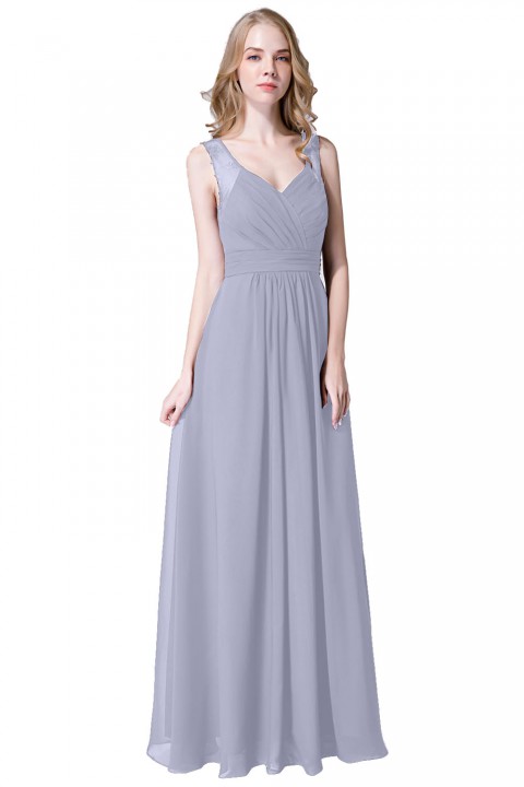 V Neck Illusion Lace Straps Keyhole Back Chiffon Ruched Bridesmaid Dress